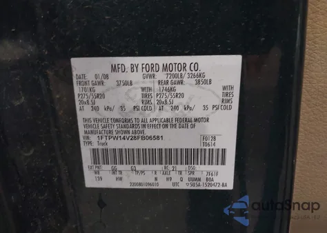 2008 Ford F-150 60Th Anniversary/Fx4/King Ranch/Lariat/Xlt из США, поврежденный, VIN 1FTPW14V28FB06581